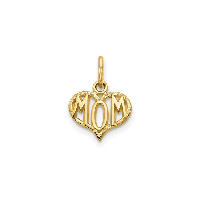 10k Yellow Gold Heart Pendant with Bold MOM Letters, Sentimental Mother Jewelry Charm