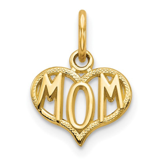 10k Yellow Gold Heart Pendant with Bold MOM Letters, Sentimental Mother Jewelry Charm