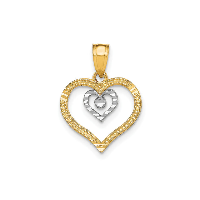 10k Multi-Tone Gold Heart Pendant, Double Open Heart with Two-Tone Design for Women