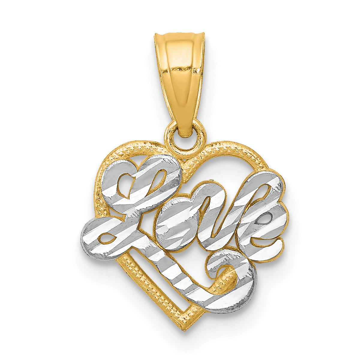 10k Multi-Tone Gold Heart Pendant with Script Love Charm for Women