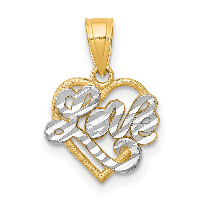 10k Multi-Tone Gold Heart Pendant with Script Love Charm for Women