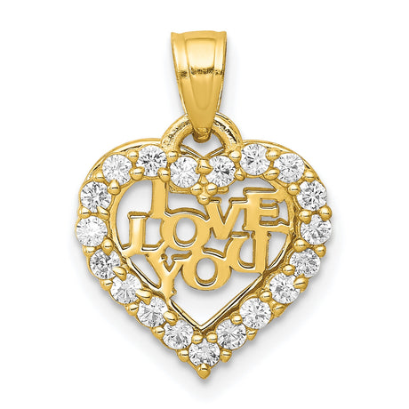 10k Yellow Gold Heart Pendant with Cubic Zirconia and LOVE YOU Message, Romantic Charm for Women