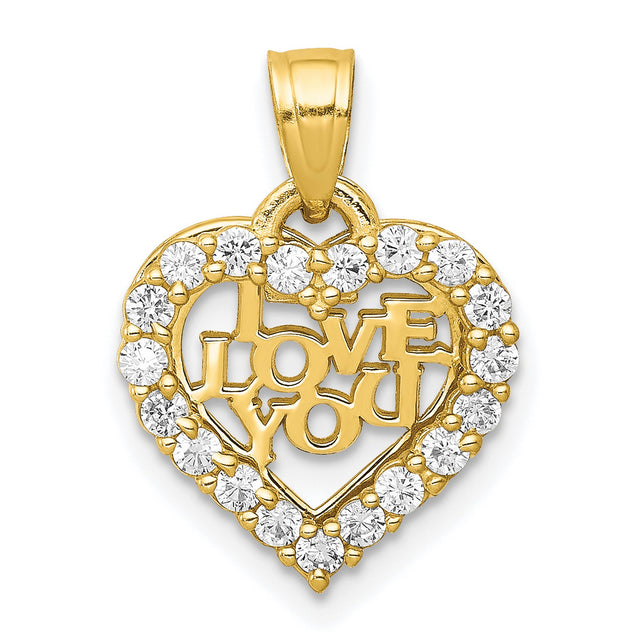10k Yellow Gold Heart Pendant with Cubic Zirconia and LOVE YOU Message, Romantic Charm for Women