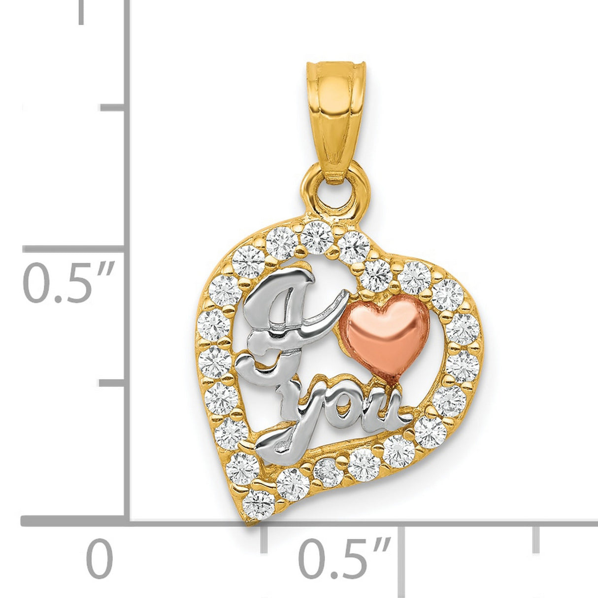 10k Two-Tone Gold Heart Pendant with Cubic Zirconia, Rose Gold Accent, I Love You Design