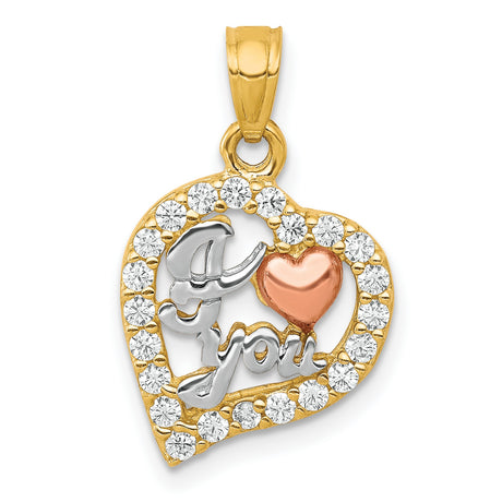 10k Two-Tone Gold Heart Pendant with Cubic Zirconia, Rose Gold Accent, I Love You Design