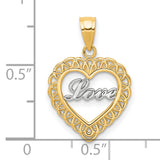10k Multi-Tone Gold Heart Pendant with Filigree and Script Love Design for Women