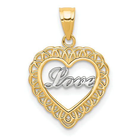 10k Multi-Tone Gold Heart Pendant with Filigree and Script Love Design for Women