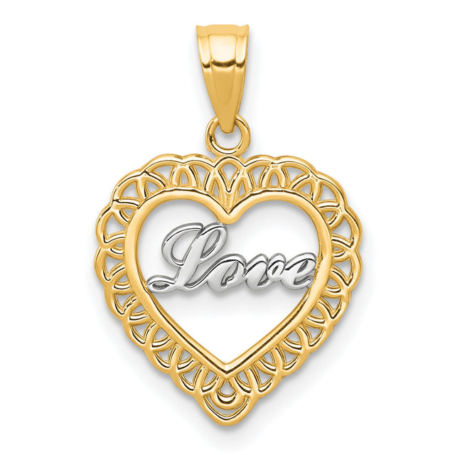 10k Multi-Tone Gold Heart Pendant with Filigree and Script Love Design for Women