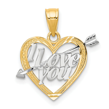 10k Multi-Tone Gold Heart Pendant with I Love You Inscription and Arrow Design