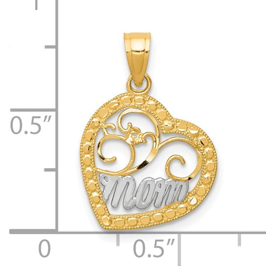 10k Multi-Tone Gold Heart Pendant with Rhodium Detail, Filigree Mom Design for Women
