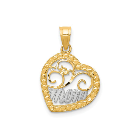 10k Multi-Tone Gold Heart Pendant with Rhodium Detail, Filigree Mom Design for Women