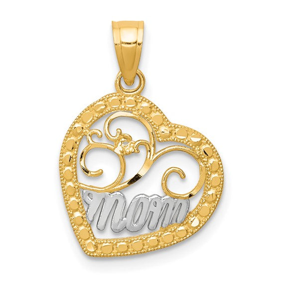 10k Multi-Tone Gold Heart Pendant with Rhodium Detail, Filigree Mom Design for Women