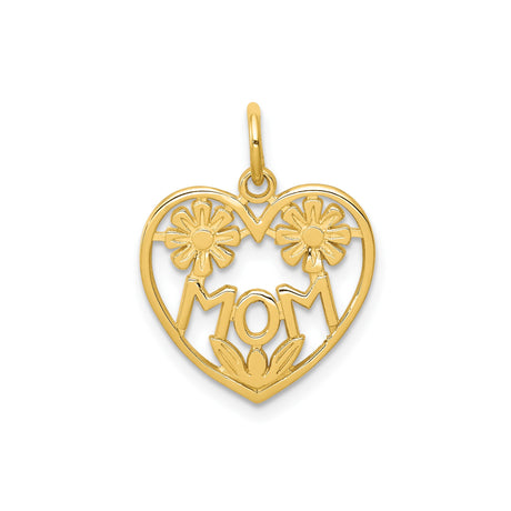 10k Yellow Gold Heart Pendant with Mom and Floral Accents, Sentimental Jewelry for Women