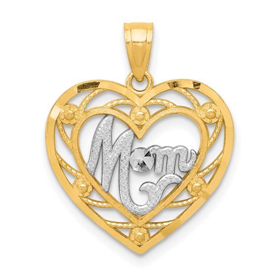 Mom Heart Charm Pendant in Real 10k Multi-Tone Gold