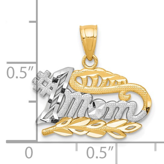 10k Multi-Tone Gold Pendant, #1 Mom Design with Rhodium Accent and Leaf Detail