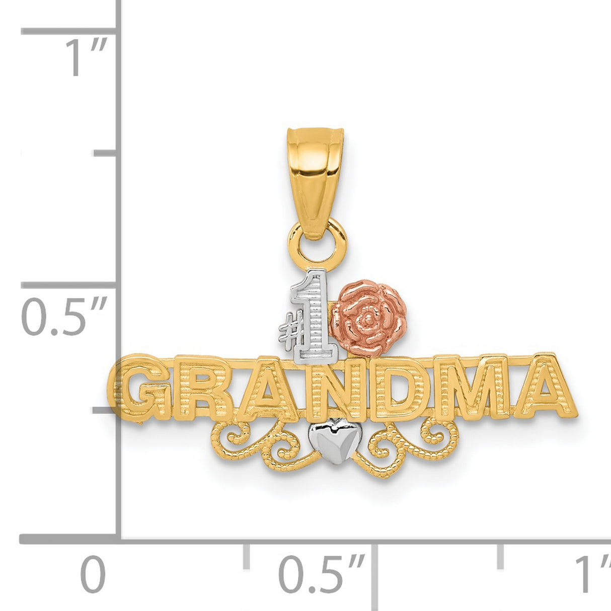 #1 Grandma Words With Rose And Heart Charm Pendant in Real 10k Multi-Tone Gold