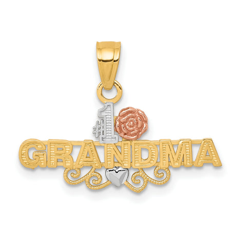 #1 Grandma Words With Rose And Heart Charm Pendant in Real 10k Multi-Tone Gold