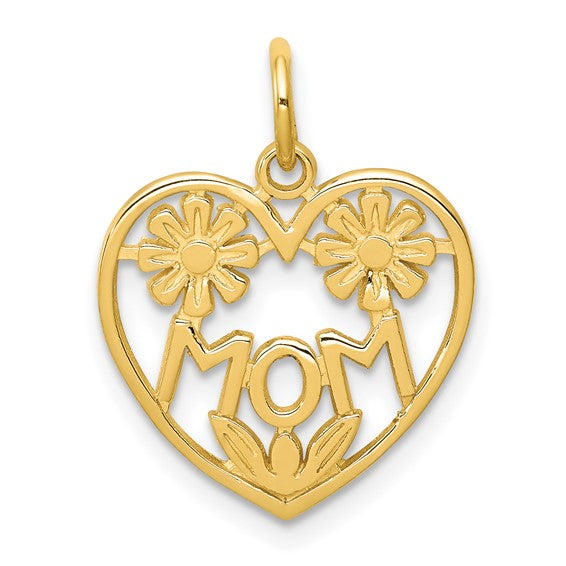 10k Yellow Gold Heart Pendant with Mom and Floral Accents, Sentimental Jewelry for Women