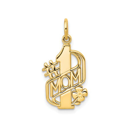 10k Yellow Gold Pendant, Number One Mom Design with Bold Lettering and Flower Detail