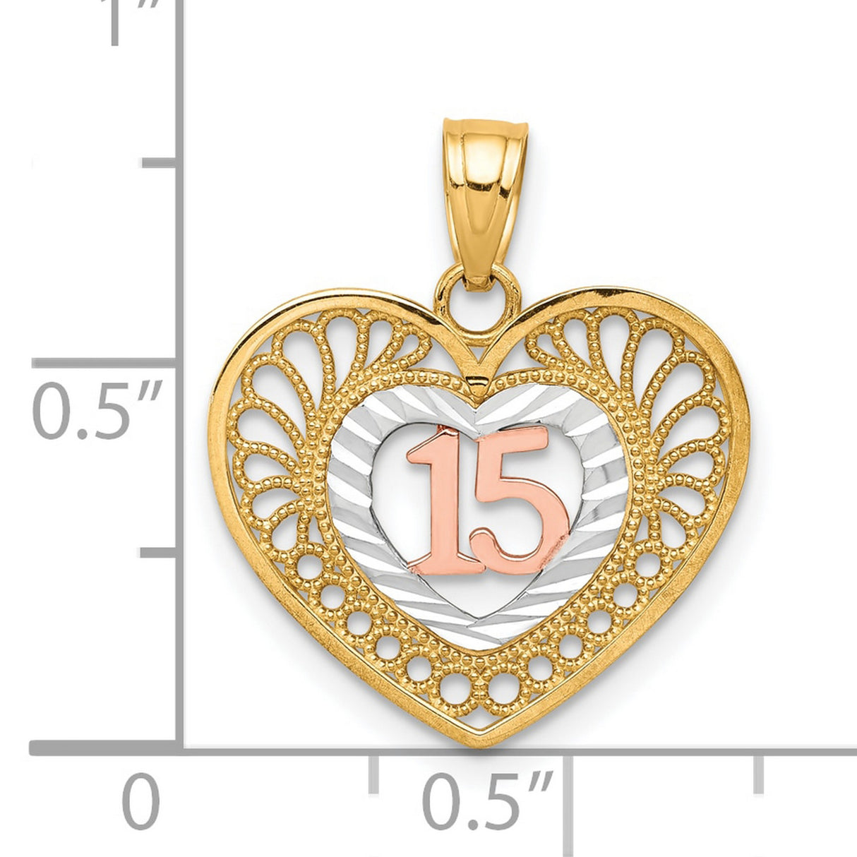 10k Two-Tone Gold Heart Pendant with Rose Gold 15, Quinceañera Filigree Design