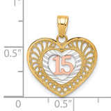 10k Two-Tone Gold Heart Pendant with Rose Gold 15, Quinceañera Filigree Design