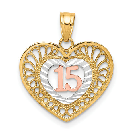 10k Two-Tone Gold Heart Pendant with Rose Gold 15, Quinceañera Filigree Design