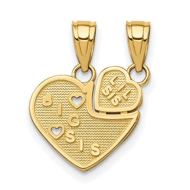 Big Sis Lil Sis Break-apart Heart Charm Pendant in Real 10k Yellow Gold