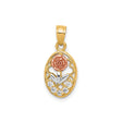 10k Two-Tone Gold Oval Rose Pendant with Cubic Zirconia, White Gold Leaves, Floral Design