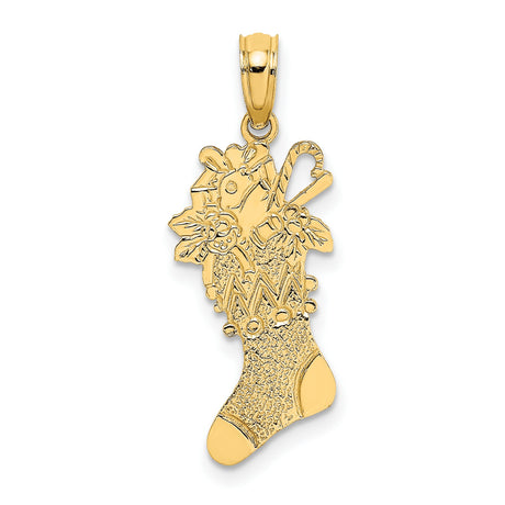 10k Yellow Gold Christmas Stocking Pendant with Holly, Candy Cane, and Toys