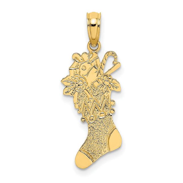 10k Yellow Gold Christmas Stocking Pendant with Holly, Candy Cane, and Toys