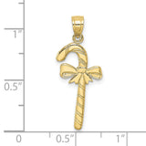10k Yellow Gold Candy Cane Pendant with Ribbon Bow Design, Holiday Charm
