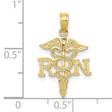 10k Yellow Gold RN Pendant with Caduceus Symbol, Medical Charm for Nurses