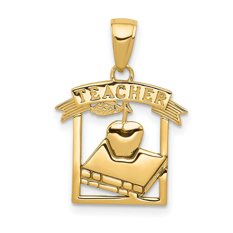 10k Yellow Gold Apple and Book Pendant, Teacher Jewelry with Polished Flat Back