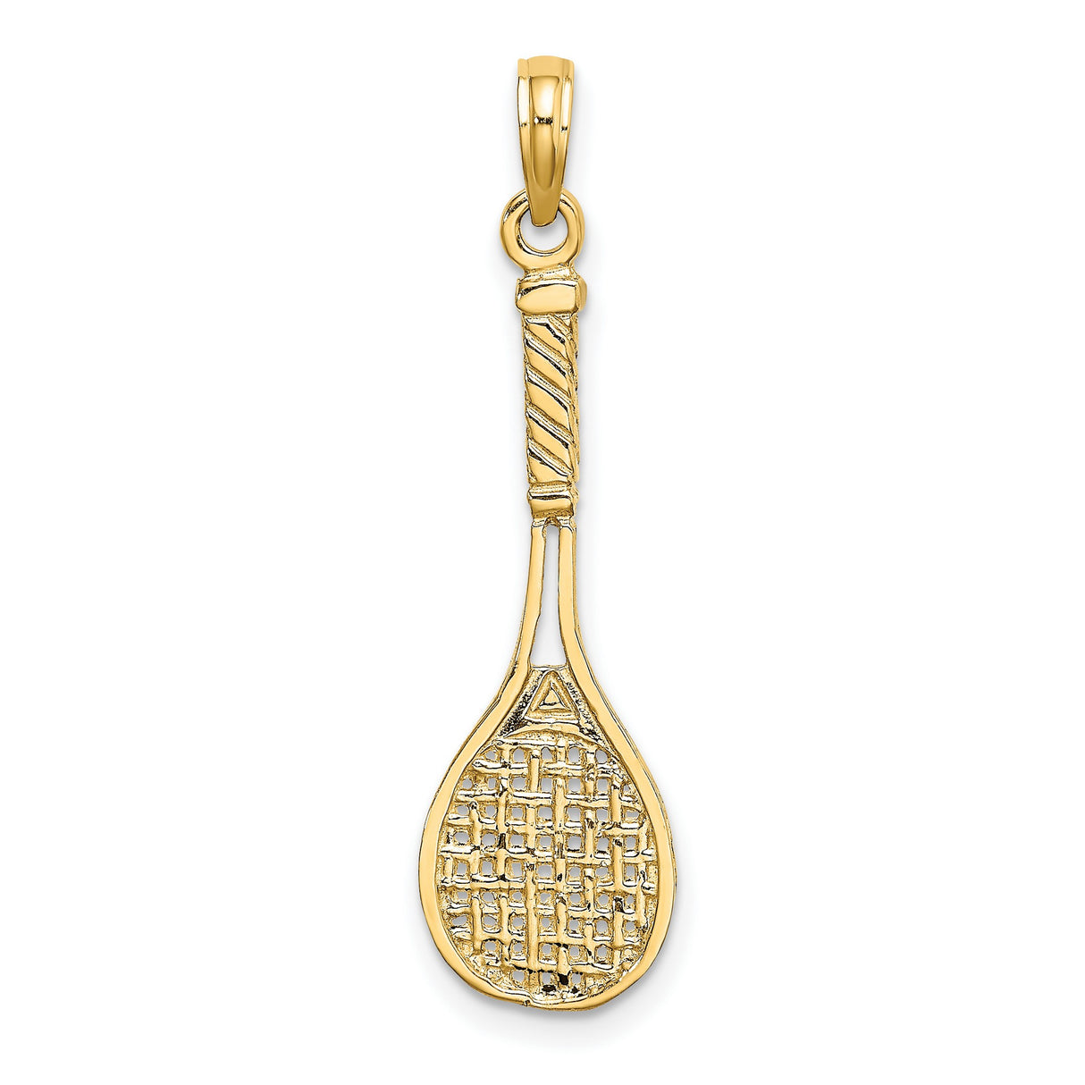 10k Yellow Gold Tennis Racket Pendant with String Detail and Handle Design