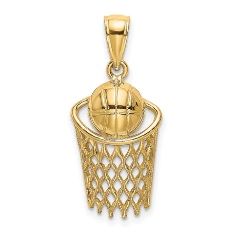 10k Yellow Gold Basketball Pendant, Ball and Hoop Sports Charm for Men or Unisex Wear