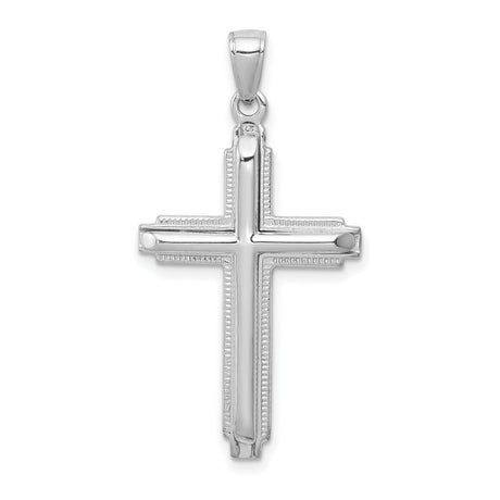 10k White Gold Cross Pendant, Polished Beaded Edge, Classic Religious Design for Men and Women