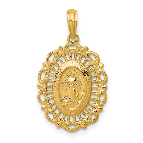 10k Yellow Gold Miraculous Medal Pendant with Virgin Mary and Filigree Edge
