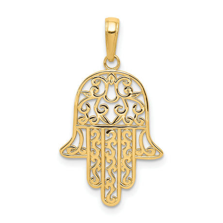 10k Yellow Gold Hamsa Hand Pendant with Filigree Design, Spiritual Protection Jewelry for Women