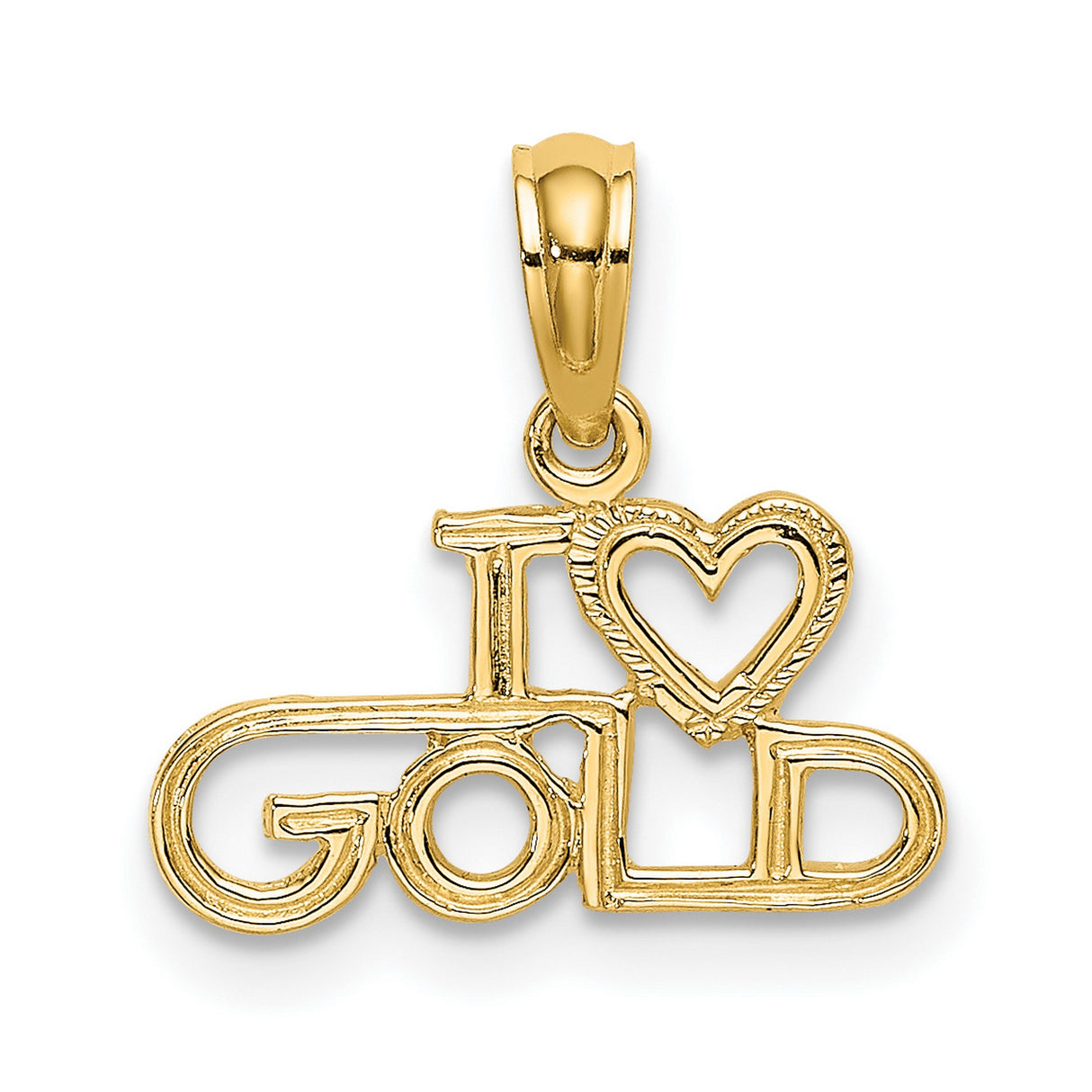 10k Yellow Gold Pendant with Heart Symbol and I Love Gold Phrase, Polished Textured Charm