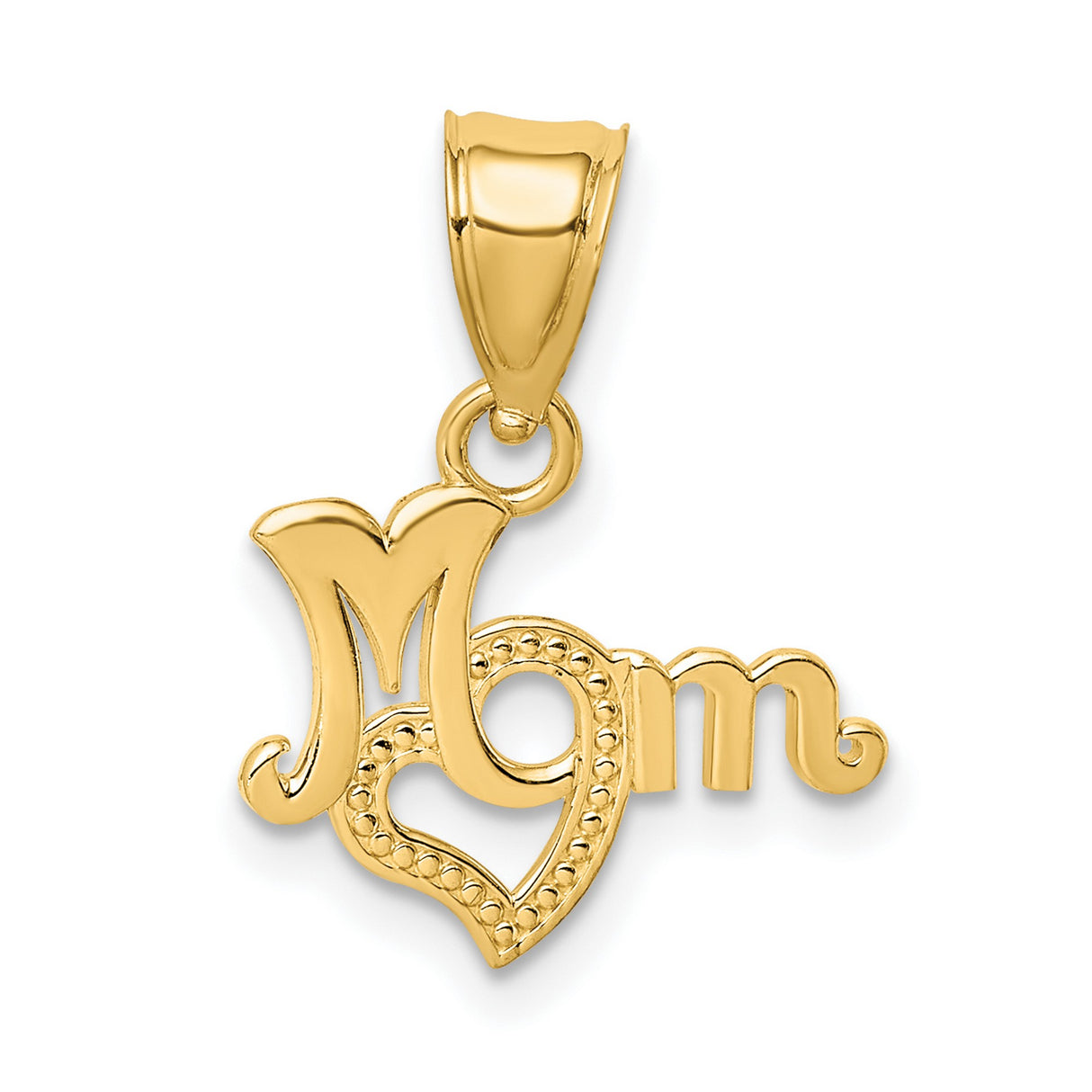 10k Yellow Gold Mom Pendant with Heart Detail and Script Lettering