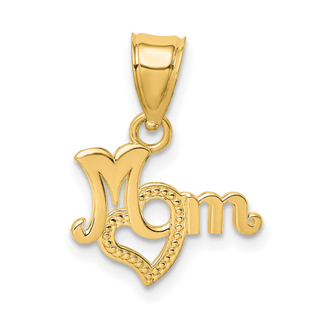 10k Yellow Gold Mom Pendant with Heart Detail and Script Lettering