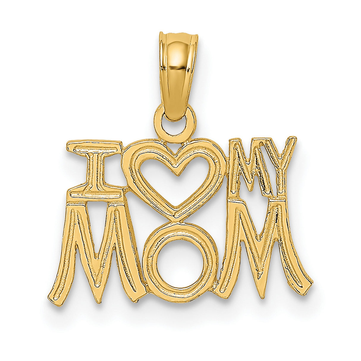 10k Yellow Gold Pendant, I Love My Mom Heart Design, Bold Lettering Mother Charm