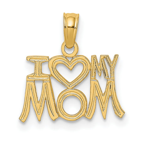 10k Yellow Gold Pendant, I Love My Mom Heart Design, Bold Lettering Mother Charm