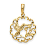 10k Yellow Gold Hummingbird Pendant with Flower Design and Scalloped Openwork Frame