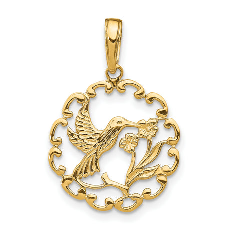 10k Yellow Gold Hummingbird Pendant with Flower Design and Scalloped Openwork Frame