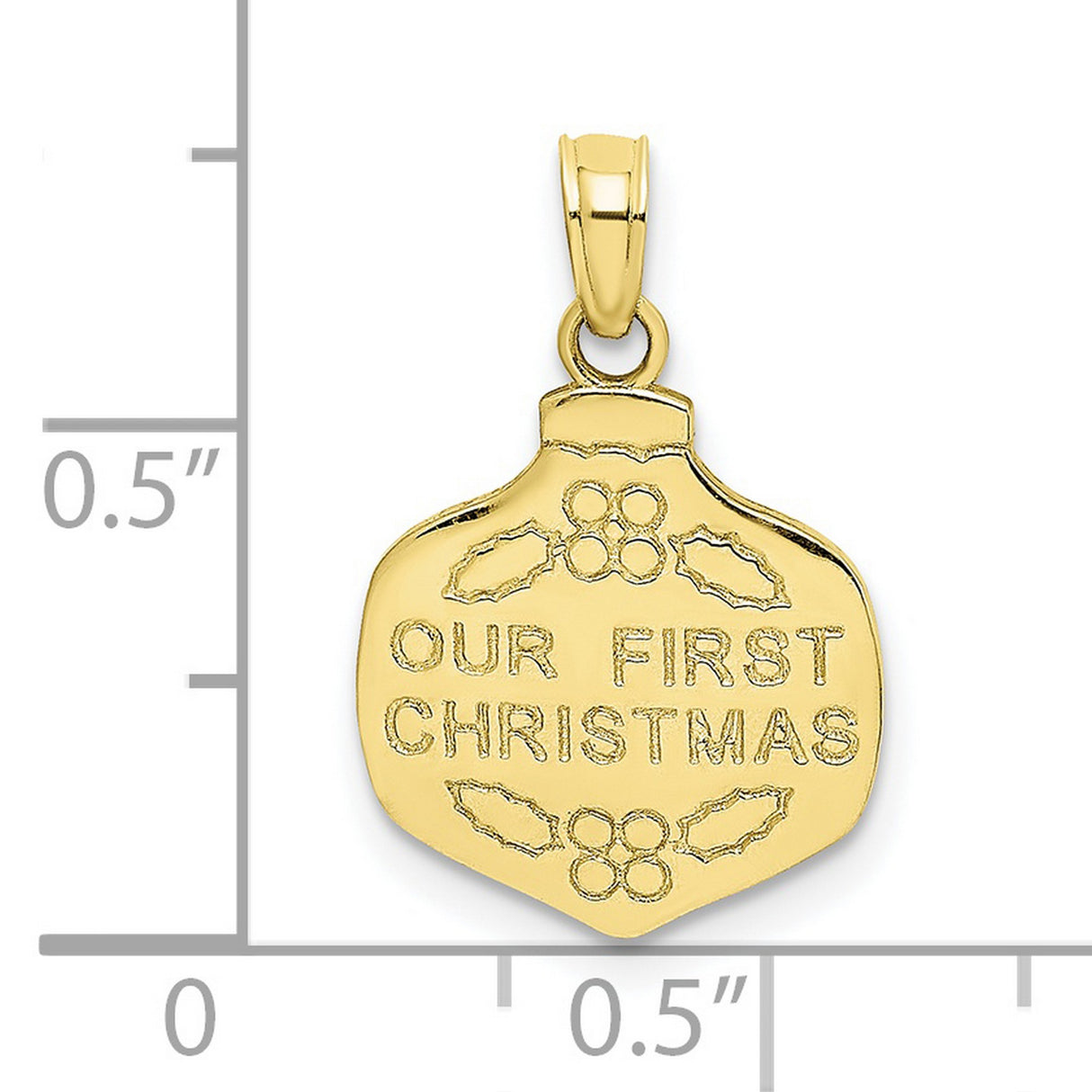10k Yellow Gold Pendant with Our First Christmas Phrase and Holly Leaf Accents