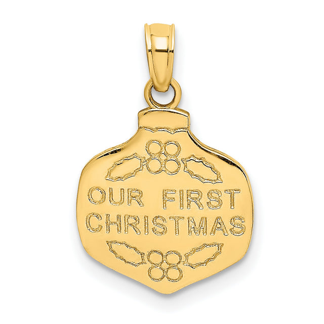 10k Yellow Gold Pendant with Our First Christmas Phrase and Holly Leaf Accents