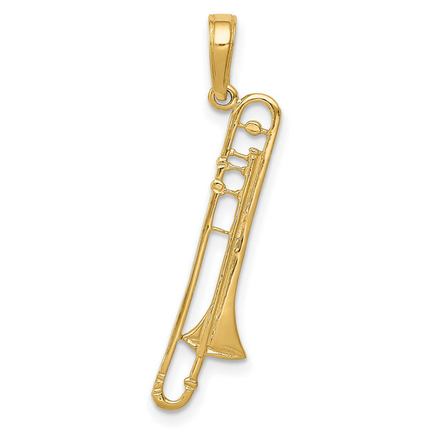 10k Yellow Gold Trombone Pendant Charm, Musical Instrument Design for Musicians and Music Lovers