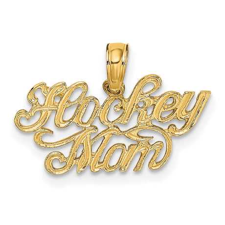 10k Yellow Gold Hockey Mom Pendant, Sports Charm with Script Lettering for Mothers