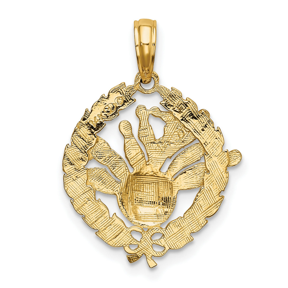 10k Yellow Gold Bowling Pendant with Laurel Wreath and Striking Pins Design